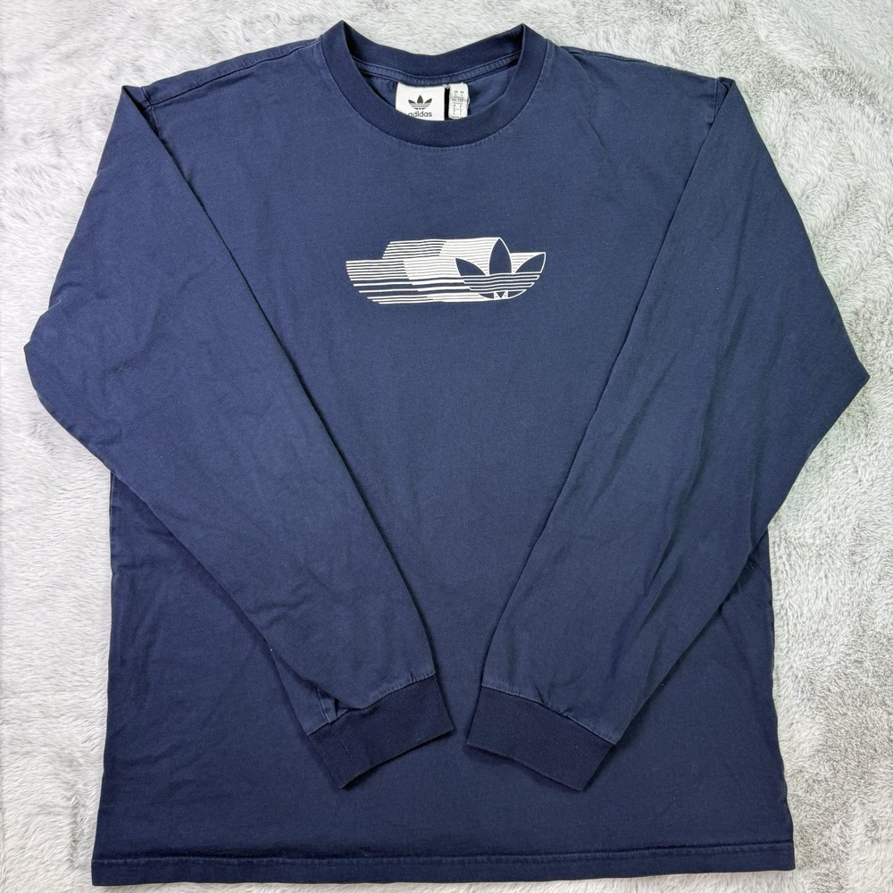 Adidas Long Sleeve Shirt Mens Size Large Navy Center Logo Stripes Graphic Print